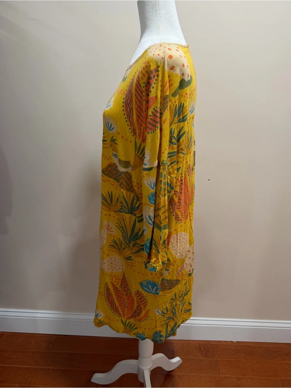 Gudrun Sjoden Yellow Birds Cactus Mallorca Modal 3/4 Sleeve Dress Sz. L